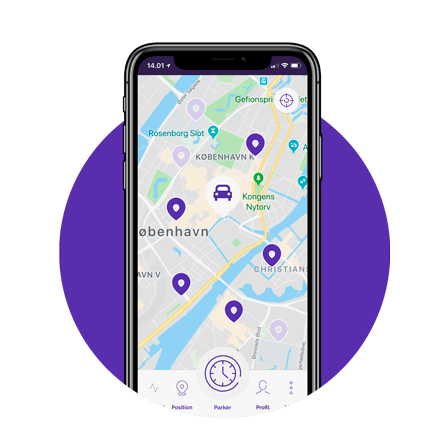 Et screendump af Plotparks app, der viser et parkeringskort over København.